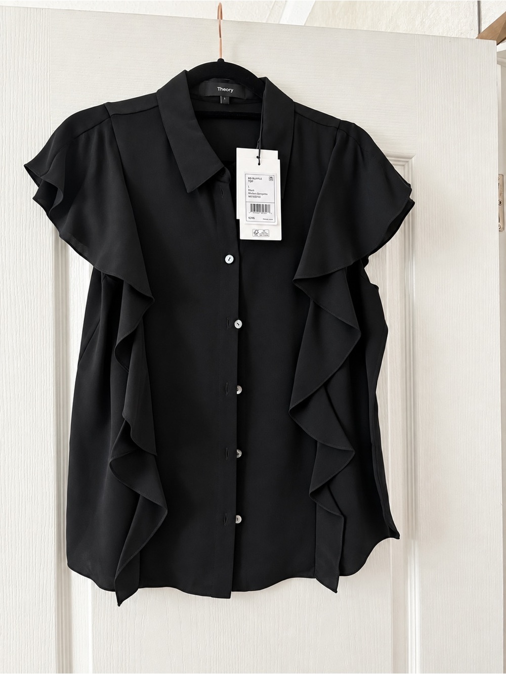 Theory Black Ruffle Front Button Blouse